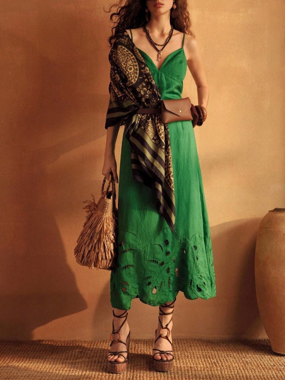 Green Boho Women's Premium Linen Embroidered Spaghetti Strap midi Dress - Picture 7 of 8